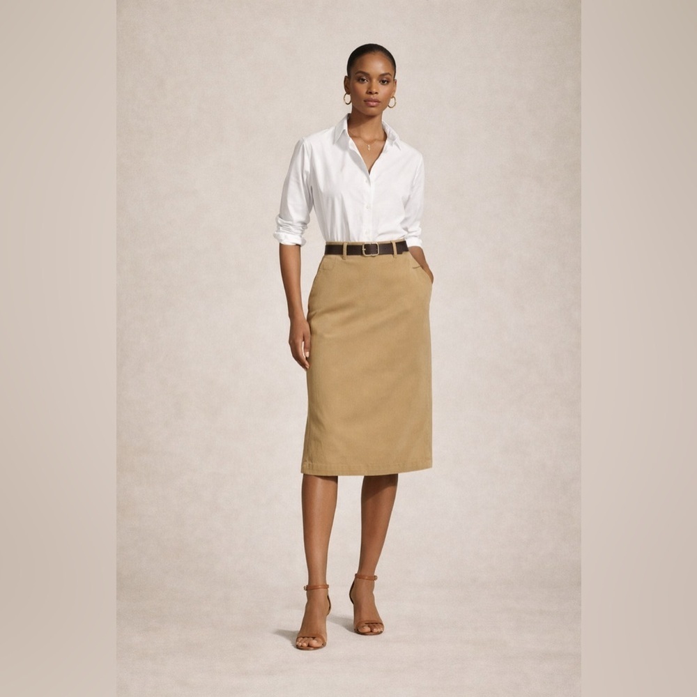 Vintage Ralph Lauren Country Khaki Cotton Twill Midi Straight Pencil Skirt S - Picture 1 of 12